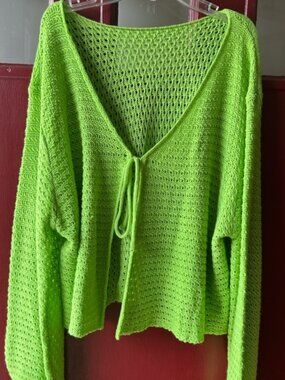 SHEIN Neon Green Open-Knit Tie-Front Sweater Cardigan